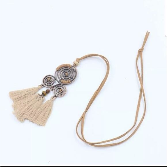 swirl and tassel leather necklace in cream - Picture 1 of 8
